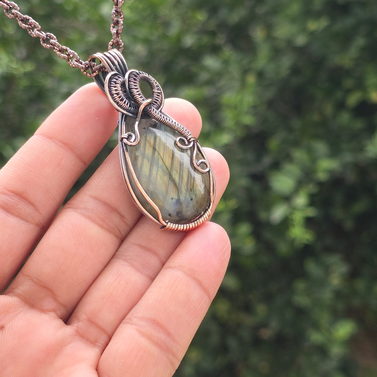 Labradorite Gemstone Handmade Copper Wire Wrap Chain Pendant 2.36" Sunkarton