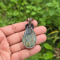 Labradorite Gemstone Handmade Copper Wire Wrap Chain Pendant 2.36" Sunkarton