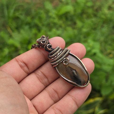 Montana Agate Gemstone Handmade Copper Wire Wrap Chain Pendant 2.36