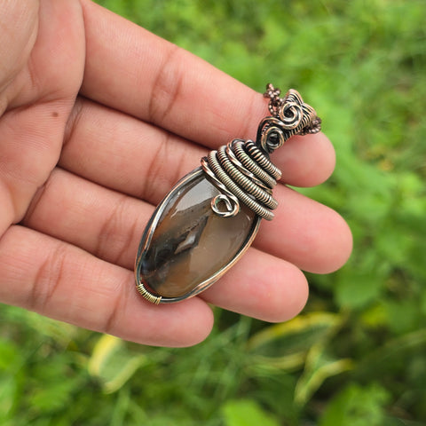 Montana Agate Gemstone Handmade Copper Wire Wrap Chain Pendant 2.36