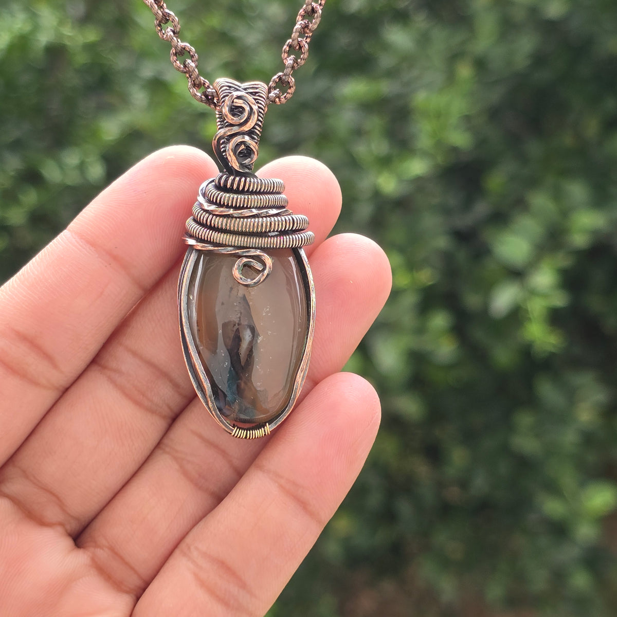 Montana Agate Gemstone Handmade Copper Wire Wrap Chain Pendant 2.36" Sunkarton