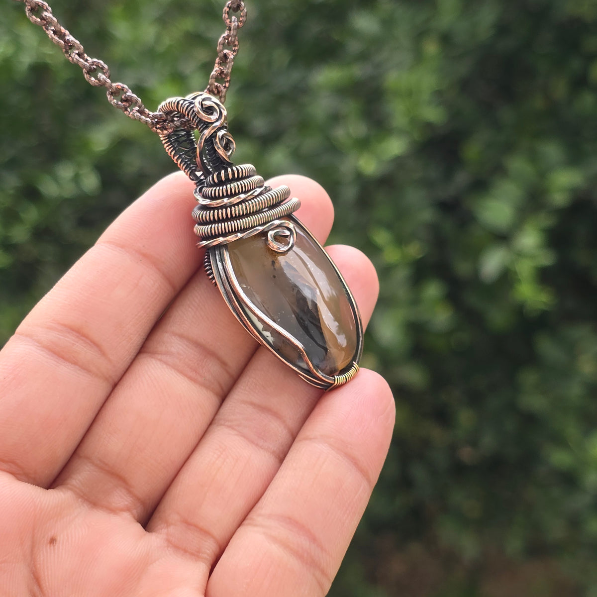 Montana Agate Gemstone Handmade Copper Wire Wrap Chain Pendant 2.36" Sunkarton