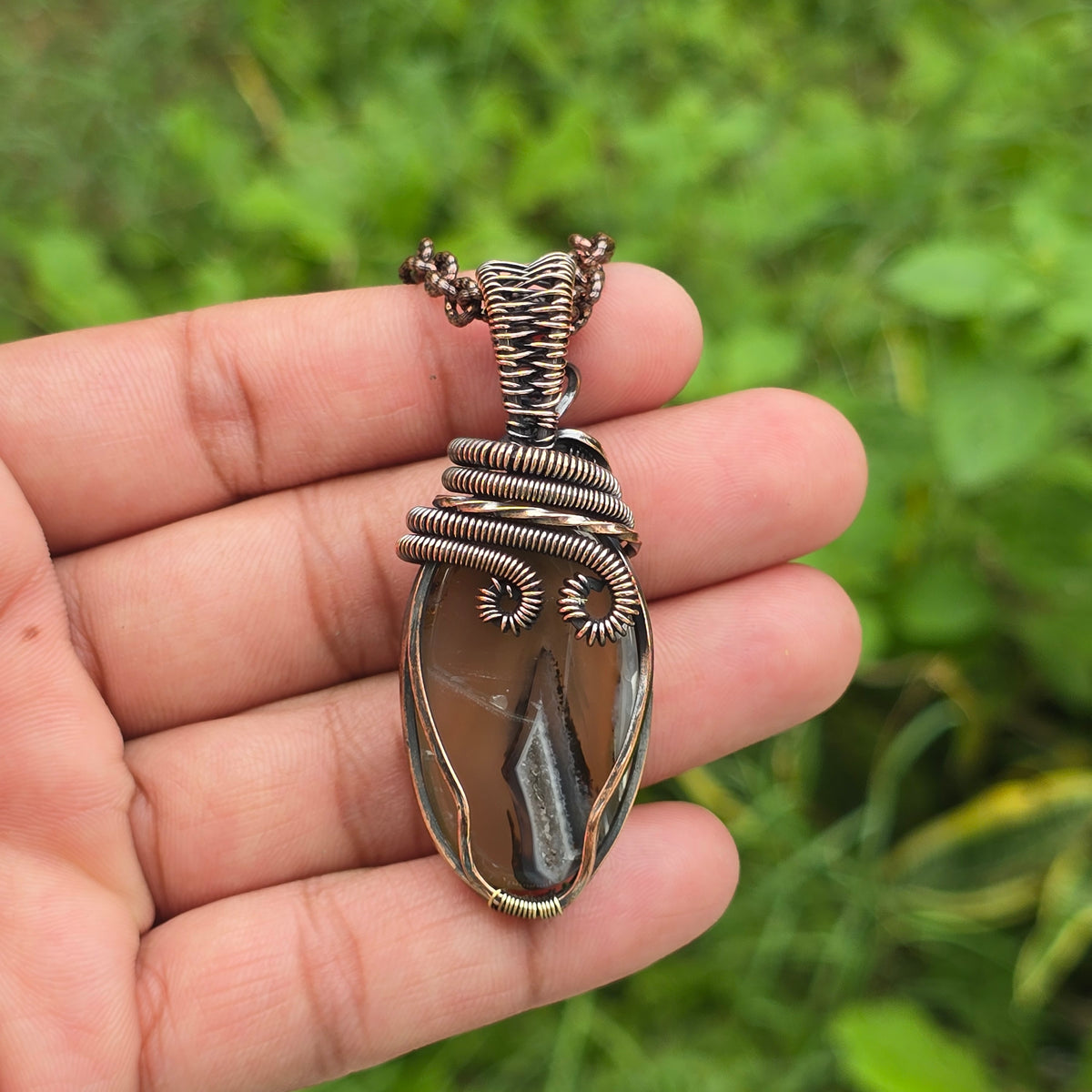 Montana Agate Gemstone Handmade Copper Wire Wrap Chain Pendant 2.36" Sunkarton