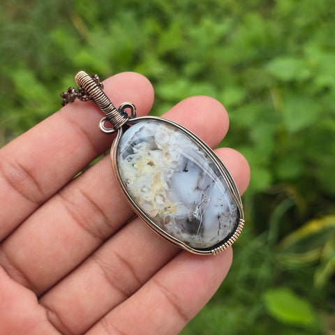 Dendrite opal Gemstone Handmade Copper Wire Wrap Chain Pendant 2.55
