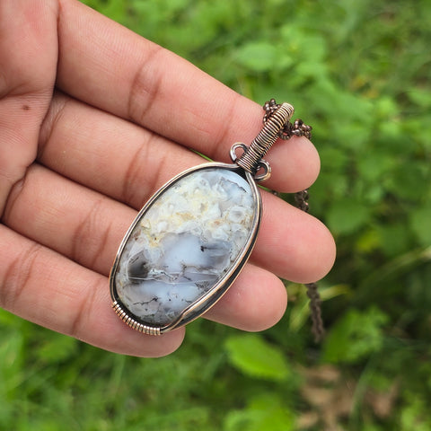Dendrite opal Gemstone Handmade Copper Wire Wrap Chain Pendant 2.55