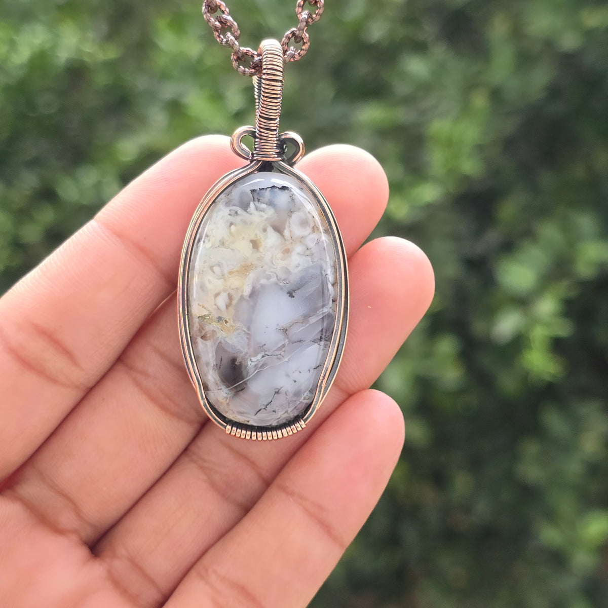 Dendrite opal Gemstone Handmade Copper Wire Wrap Chain Pendant 2.55" Sunkarton