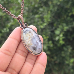 Dendrite opal Gemstone Handmade Copper Wire Wrap Chain Pendant 2.55" Sunkarton