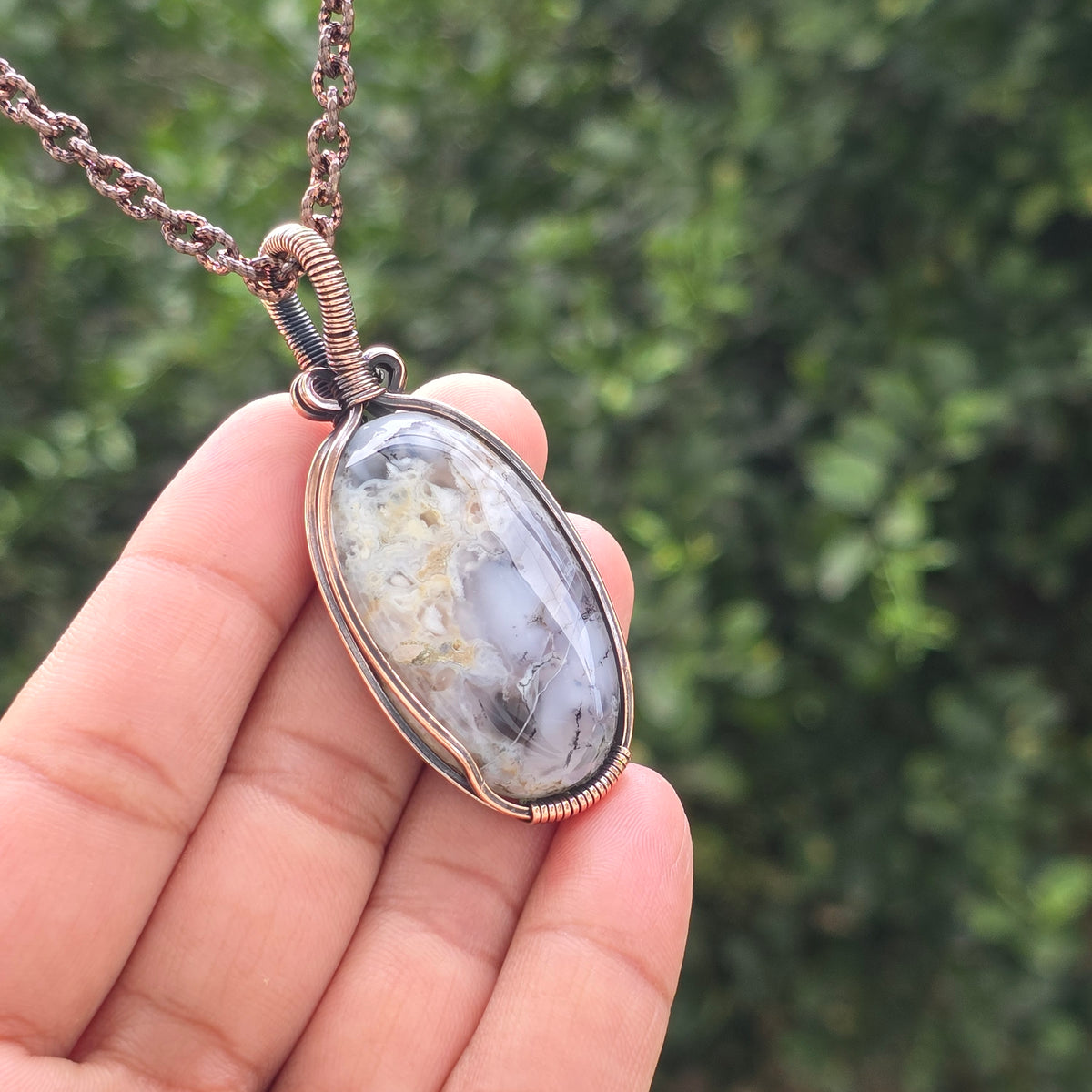 Dendrite opal Gemstone Handmade Copper Wire Wrap Chain Pendant 2.55" Sunkarton