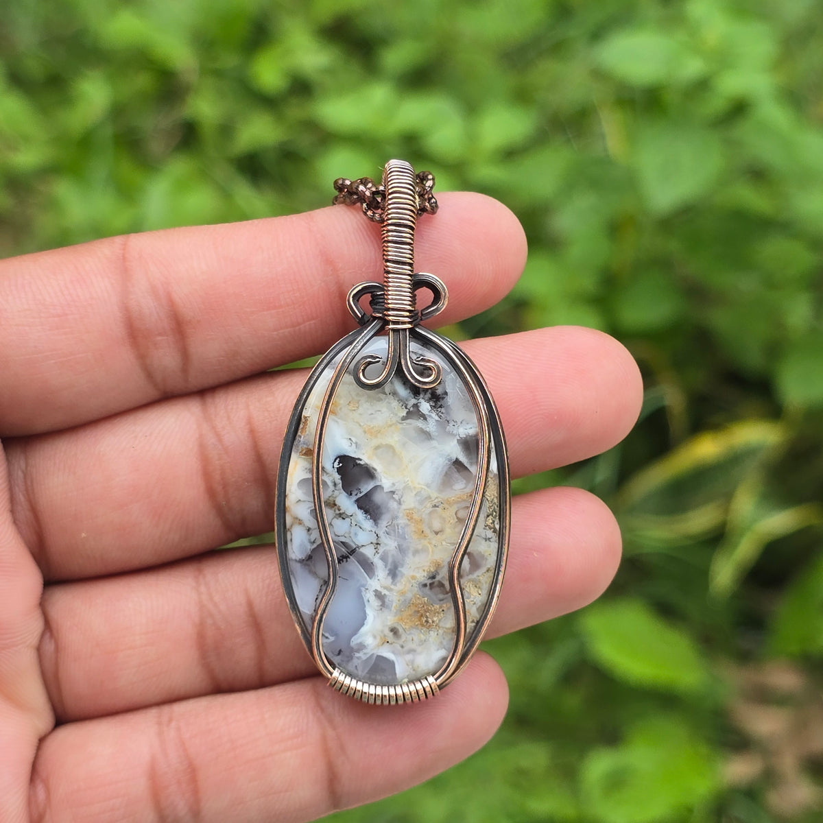 Dendrite opal Gemstone Handmade Copper Wire Wrap Chain Pendant 2.55" Sunkarton