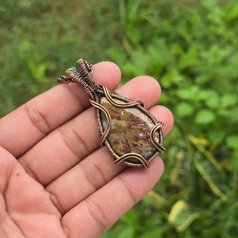 Red Plum Root Agate Gemstone Handmade Copper Wire Wrap Chain Pendant 2.36
