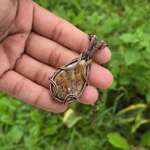 Red Plum Root Agate Gemstone Handmade Copper Wire Wrap Chain Pendant 2.36
