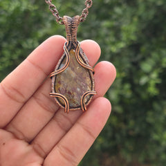 Red Plum Root Agate Gemstone Handmade Copper Wire Wrap Chain Pendant 2.36" Sunkarton