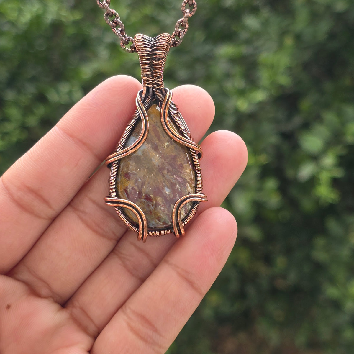 Red Plum Root Agate Gemstone Handmade Copper Wire Wrap Chain Pendant 2.36" Sunkarton