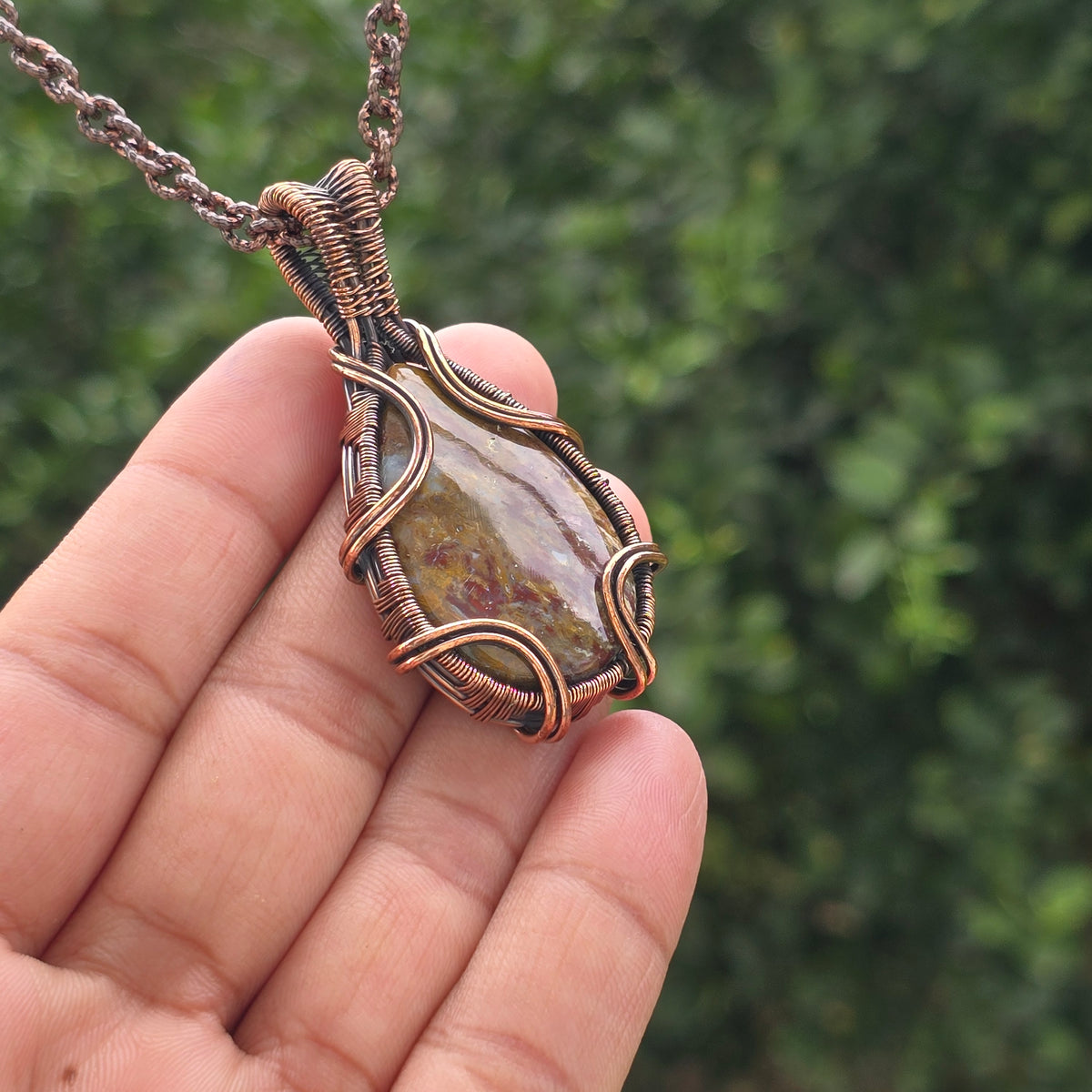 Red Plum Root Agate Gemstone Handmade Copper Wire Wrap Chain Pendant 2.36" Sunkarton