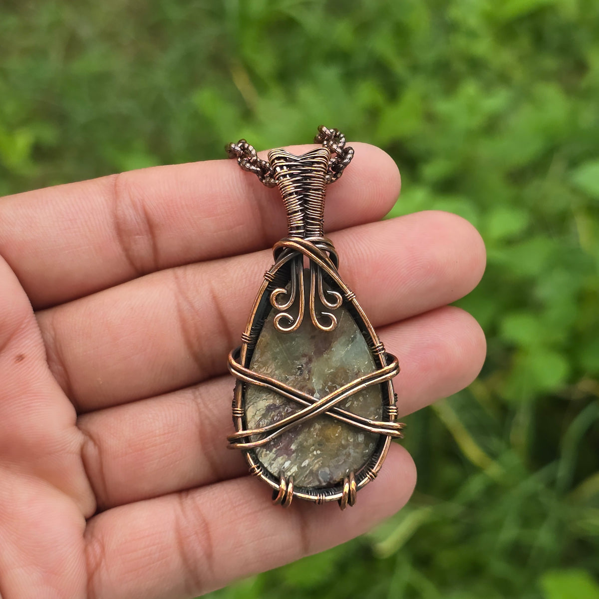 Red Plum Root Agate Gemstone Handmade Copper Wire Wrap Chain Pendant 2.36" Sunkarton