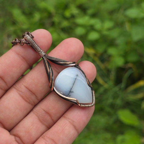 Dendrite Opal Gemstone Handmade Copper Wire Wrap Chain Pendant 2.55