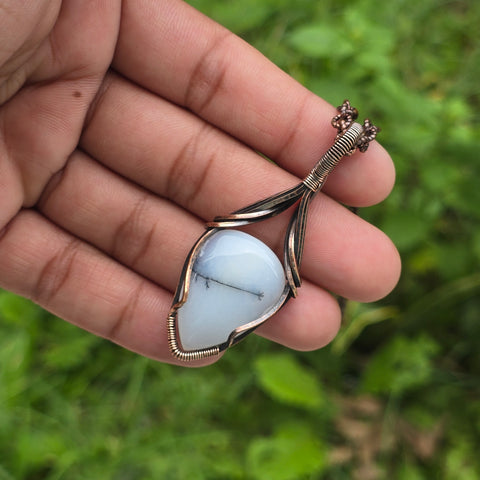 Dendrite Opal Gemstone Handmade Copper Wire Wrap Chain Pendant 2.55