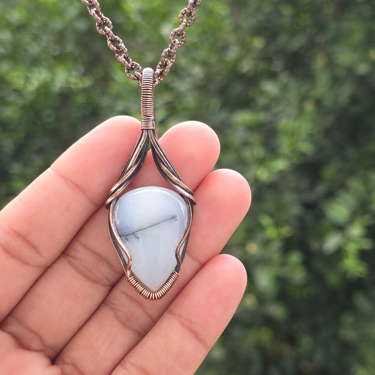 Dendrite Opal Gemstone Handmade Copper Wire Wrap Chain Pendant 2.55" Sunkarton