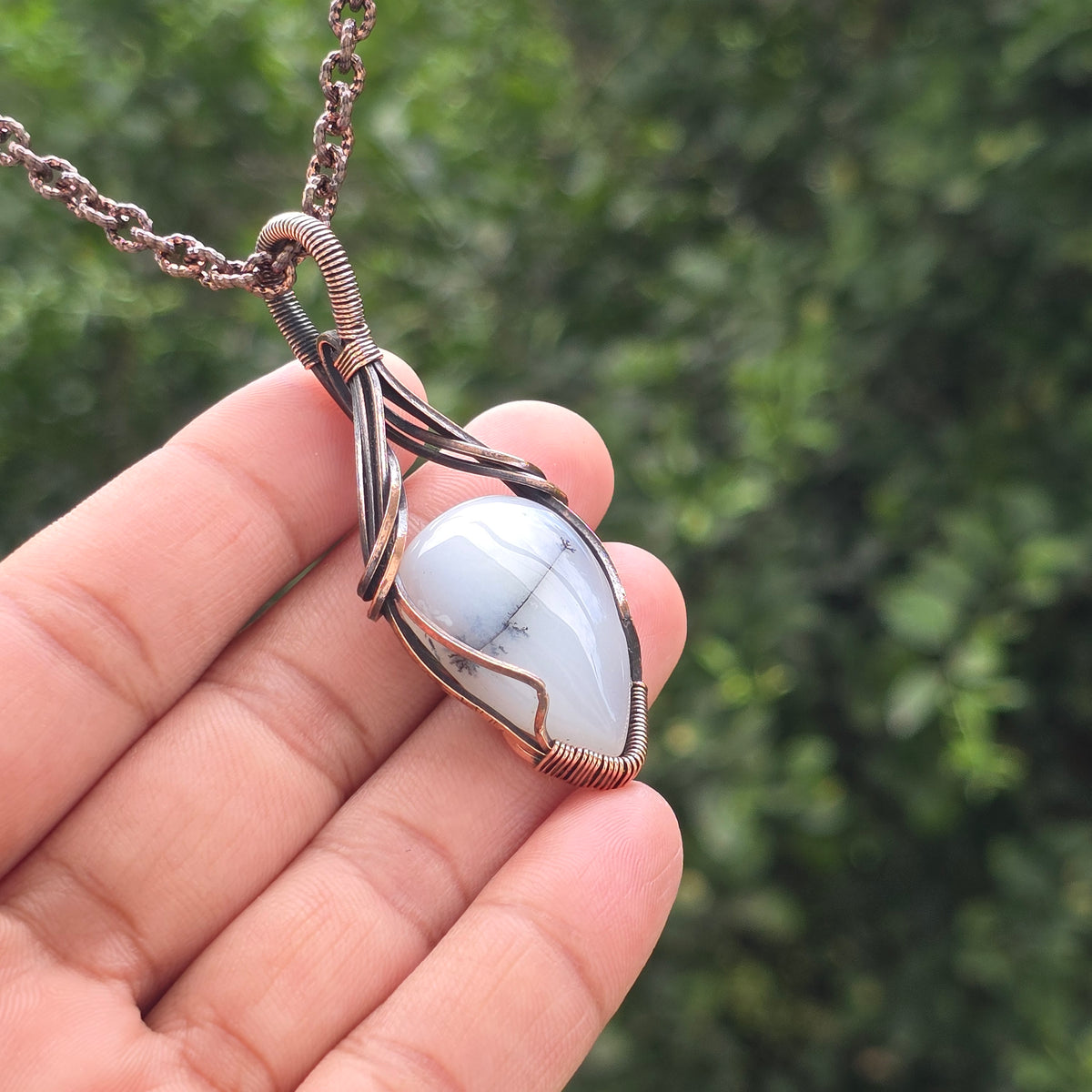 Dendrite Opal Gemstone Handmade Copper Wire Wrap Chain Pendant 2.55" Sunkarton