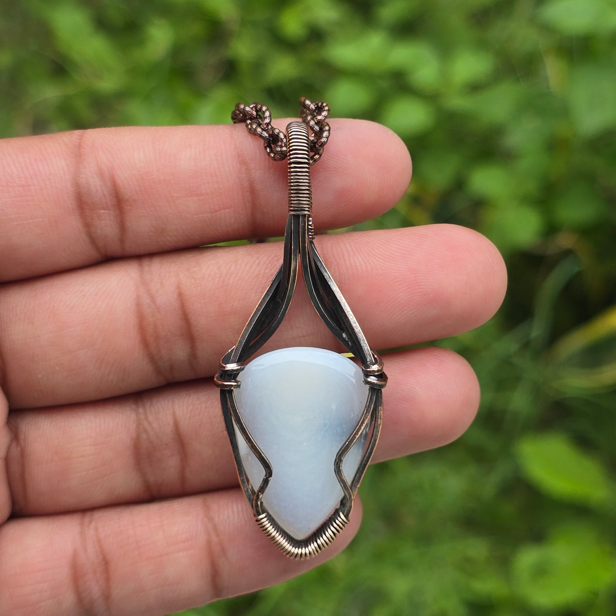 Dendrite Opal Gemstone Handmade Copper Wire Wrap Chain Pendant 2.55" Sunkarton