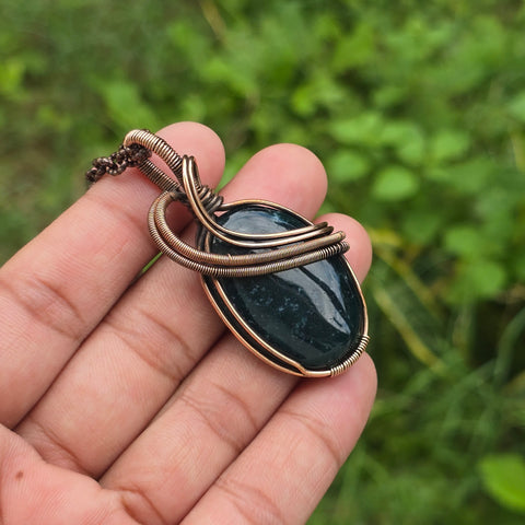 Green Moos Agate Gemstone Handmade Copper Wire Wrap Chain Pendant 2.36