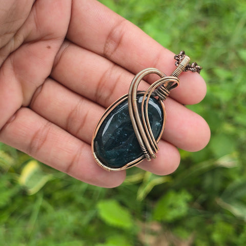 Green Moos Agate Gemstone Handmade Copper Wire Wrap Chain Pendant 2.36
