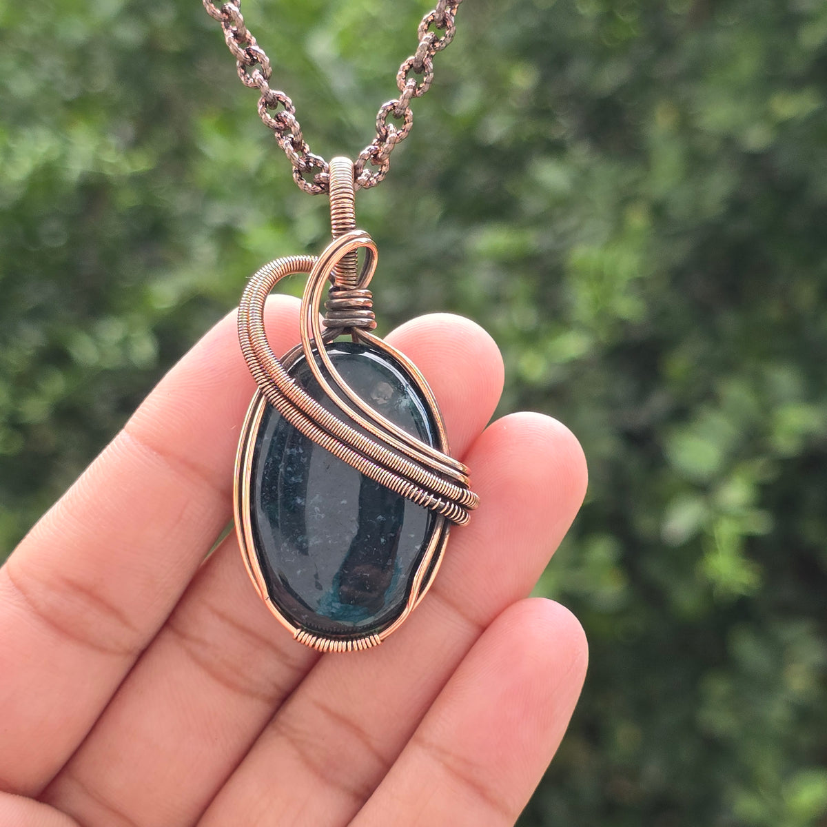 Green Moos Agate Gemstone Handmade Copper Wire Wrap Chain Pendant 2.36" Sunkarton