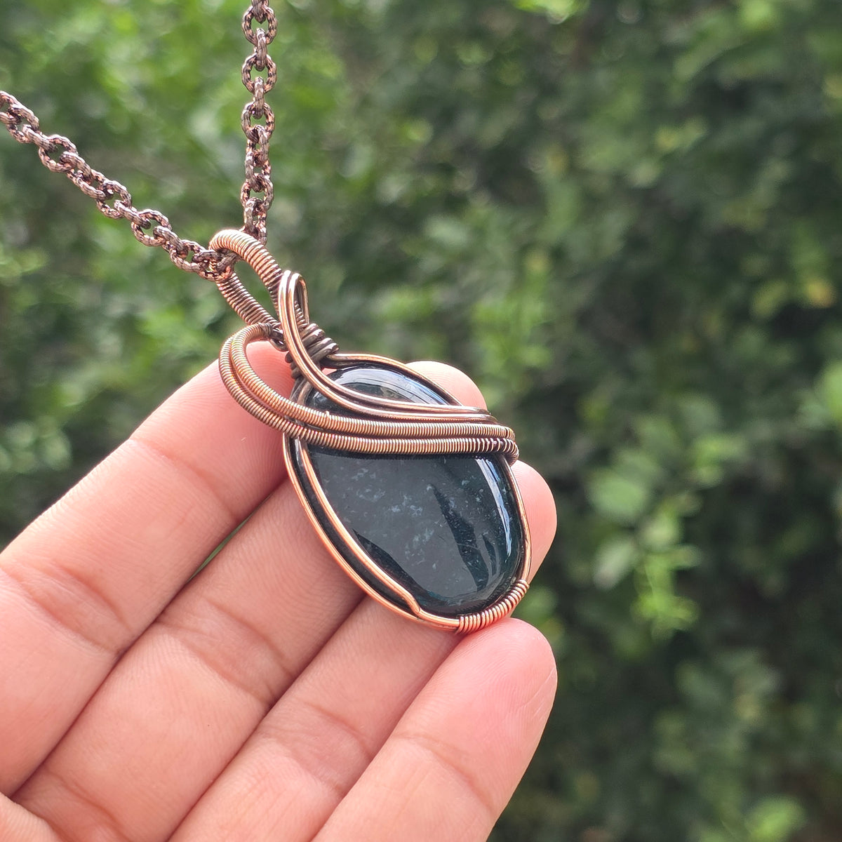 Green Moos Agate Gemstone Handmade Copper Wire Wrap Chain Pendant 2.36" Sunkarton