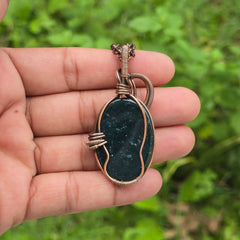 Green Moos Agate Gemstone Handmade Copper Wire Wrap Chain Pendant 2.36" Sunkarton