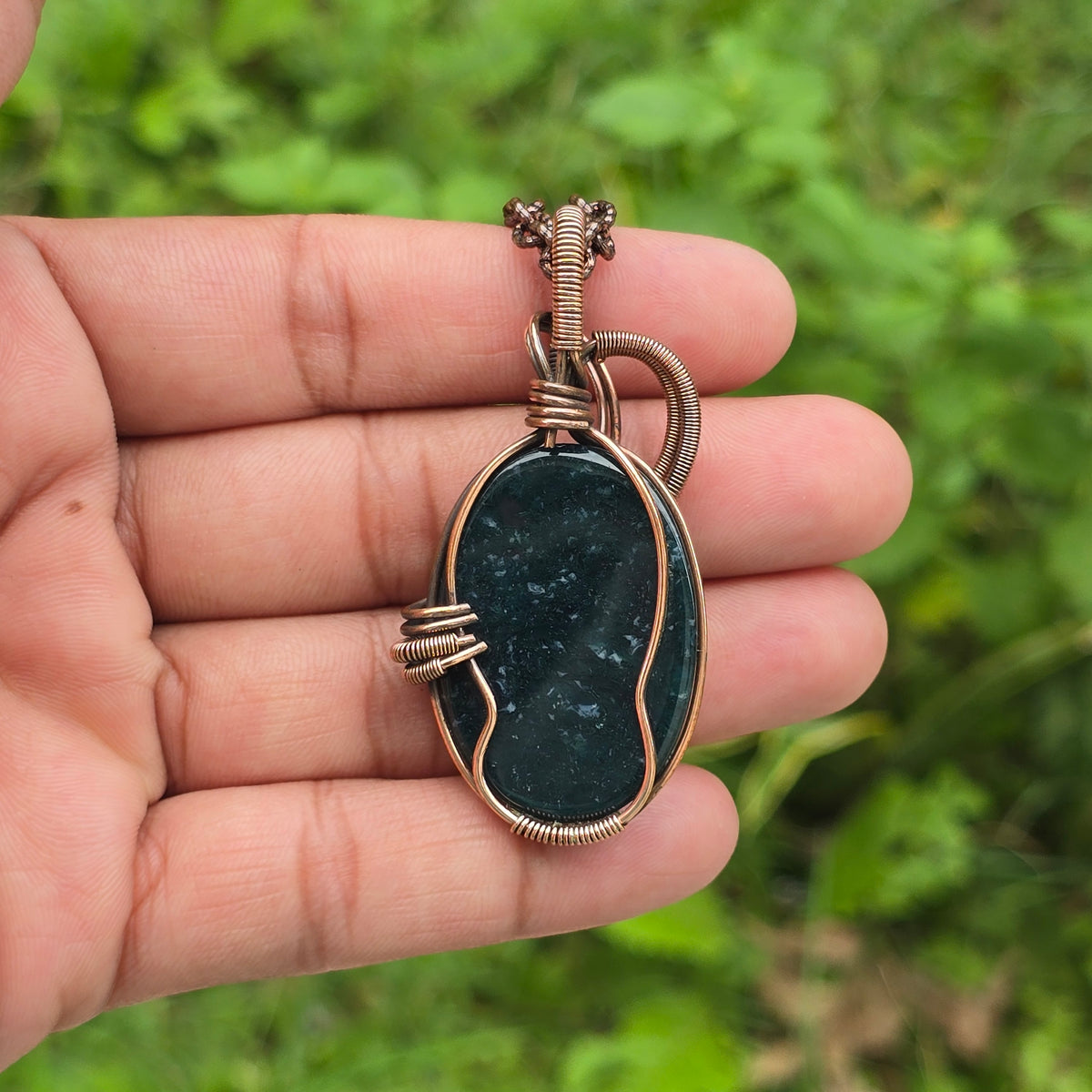 Green Moos Agate Gemstone Handmade Copper Wire Wrap Chain Pendant 2.36" Sunkarton
