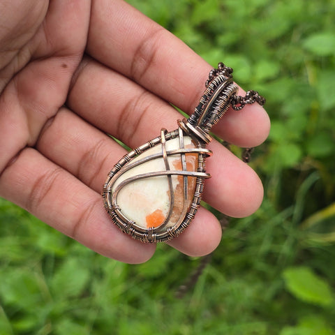 Scolecite  Gemstone Handmade Copper Wire Wrap Chain Pendant 2.36