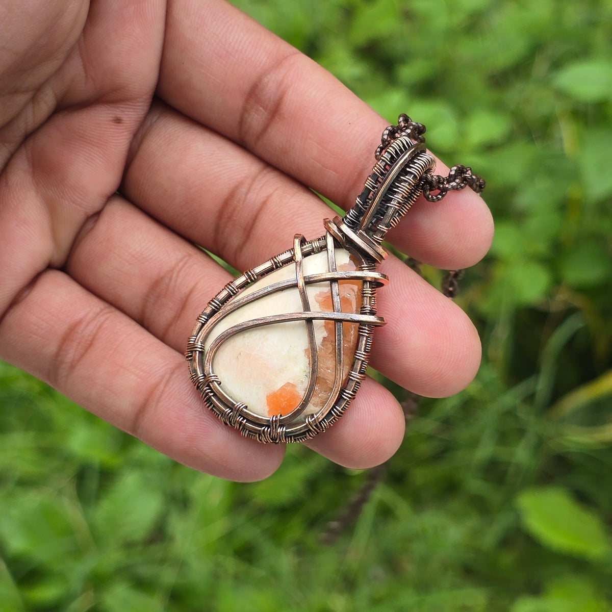 Scolecite  Gemstone Handmade Copper Wire Wrap Chain Pendant 2.36" Sunkarton