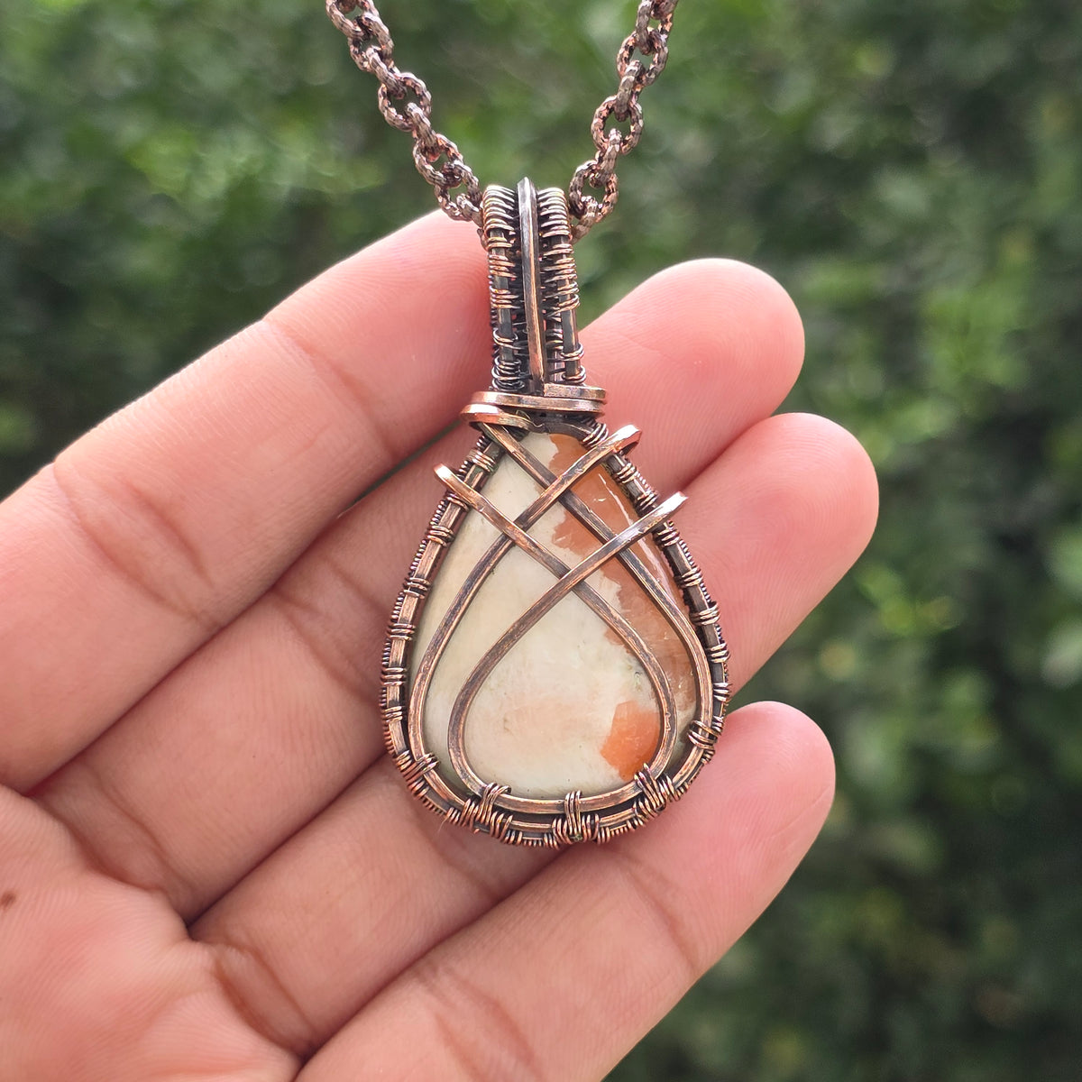 Scolecite  Gemstone Handmade Copper Wire Wrap Chain Pendant 2.36" Sunkarton