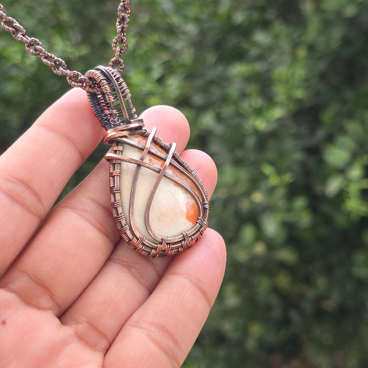 Scolecite  Gemstone Handmade Copper Wire Wrap Chain Pendant 2.36" Sunkarton