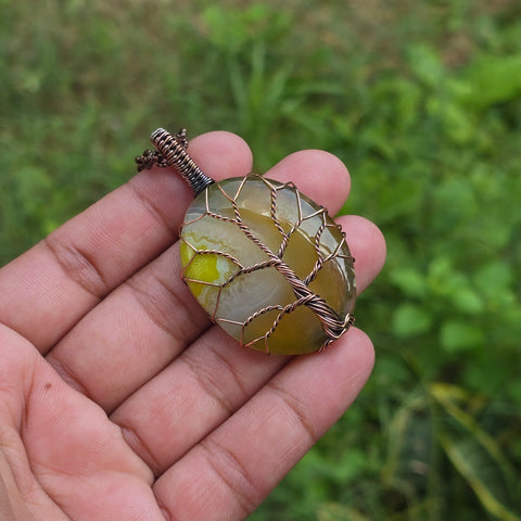 Onyx Gemstone Handmade Copper Wire Wrap Chain Pendant 2.36