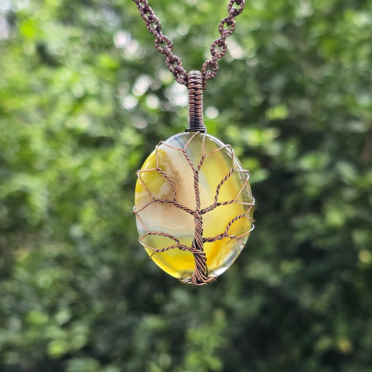 Onyx Gemstone Handmade Copper Wire Wrap Chain Pendant 2.36" Sunkarton