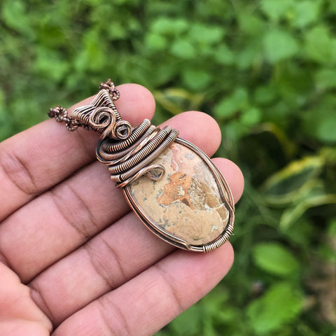 Maligano Jasper Gemstone Handmade Copper Wire Wrap Chain Pendant 2.36