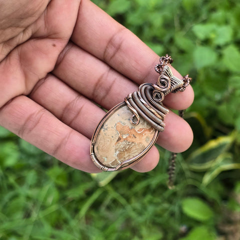Maligano Jasper Gemstone Handmade Copper Wire Wrap Chain Pendant 2.36