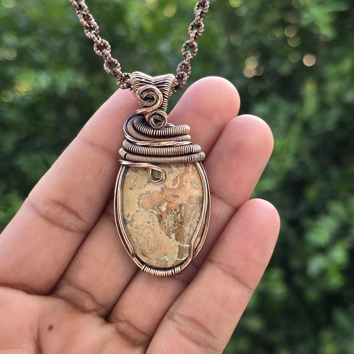 Maligano Jasper Gemstone Handmade Copper Wire Wrap Chain Pendant 2.36" Sunkarton