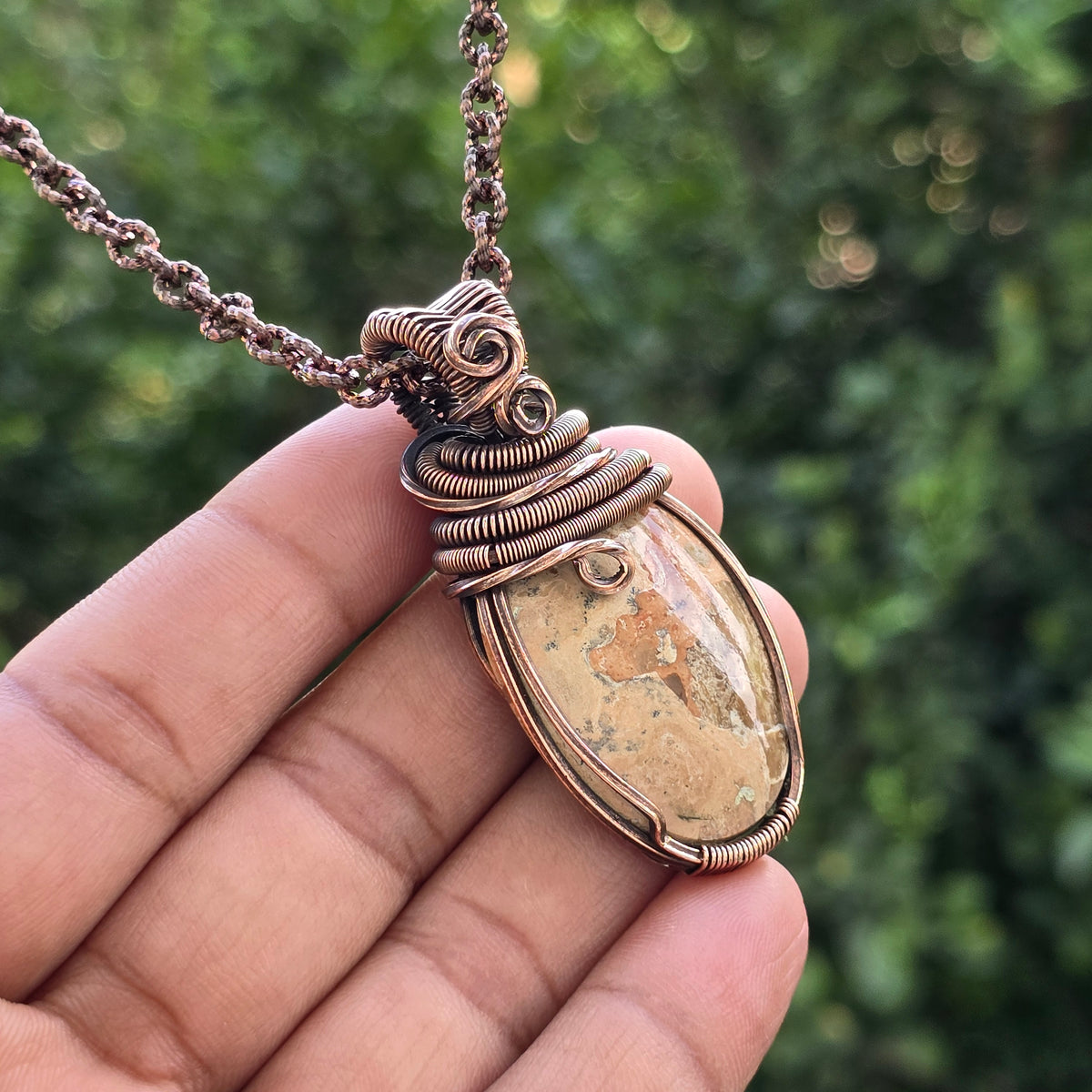 Maligano Jasper Gemstone Handmade Copper Wire Wrap Chain Pendant 2.36" Sunkarton