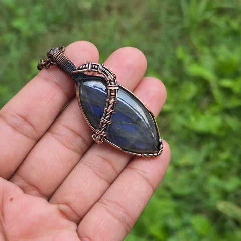 Labradorite Gemstone Handmade Copper Wire Wrap Chain Pendant 2.55