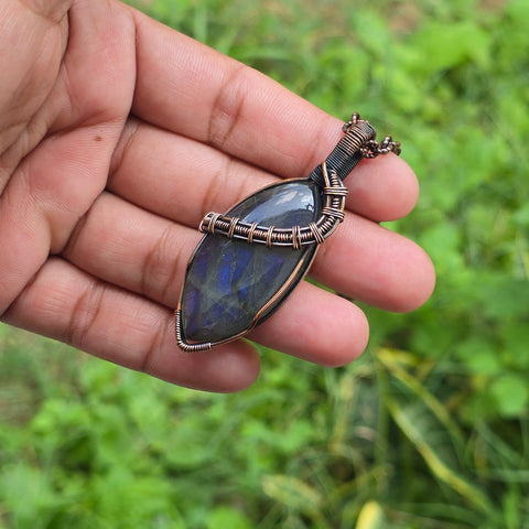 Labradorite Gemstone Handmade Copper Wire Wrap Chain Pendant 2.55
