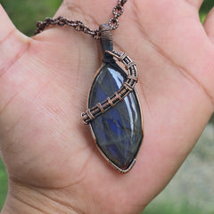 Labradorite Gemstone Handmade Copper Wire Wrap Chain Pendant 2.55" Sunkarton