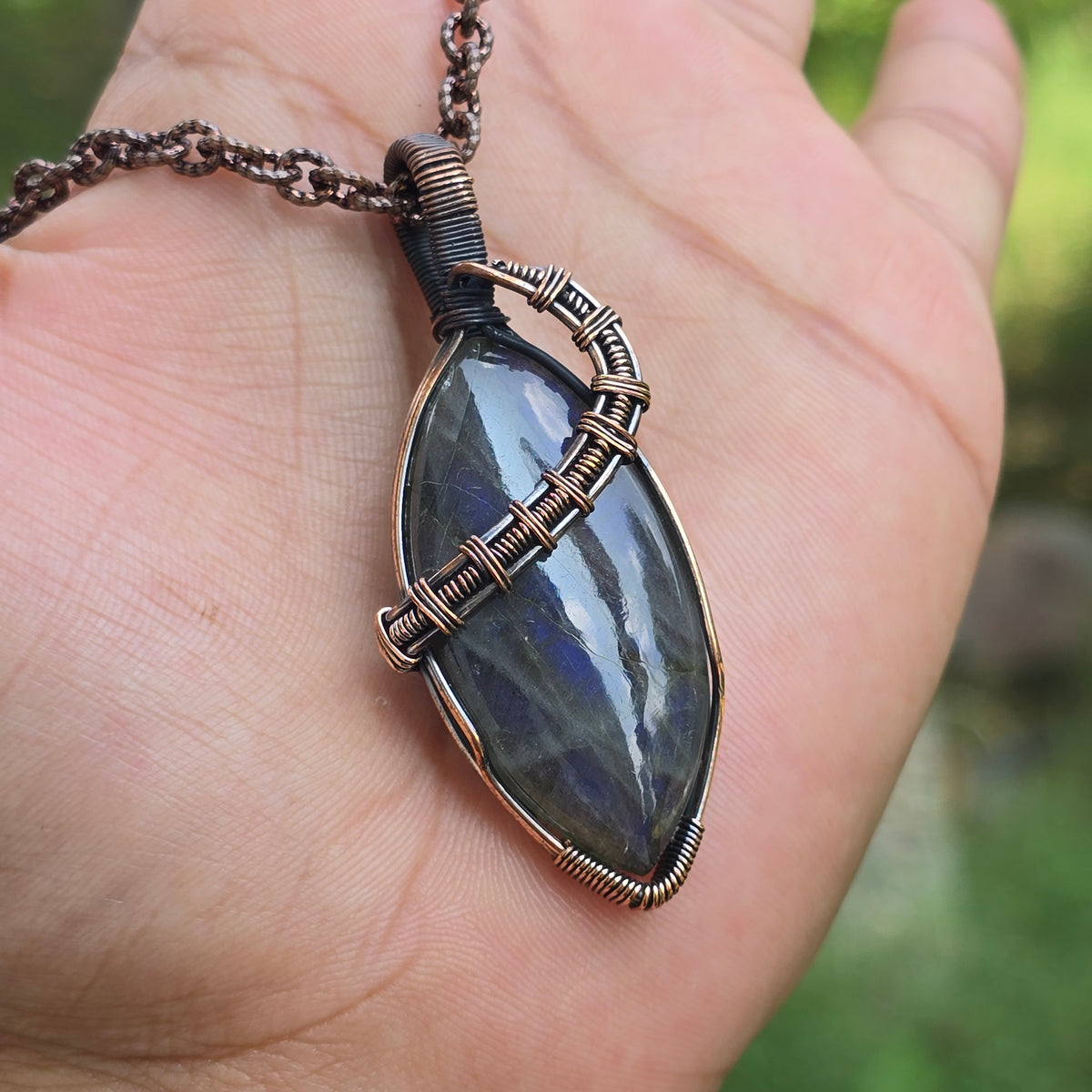 Labradorite Gemstone Handmade Copper Wire Wrap Chain Pendant 2.55" Sunkarton