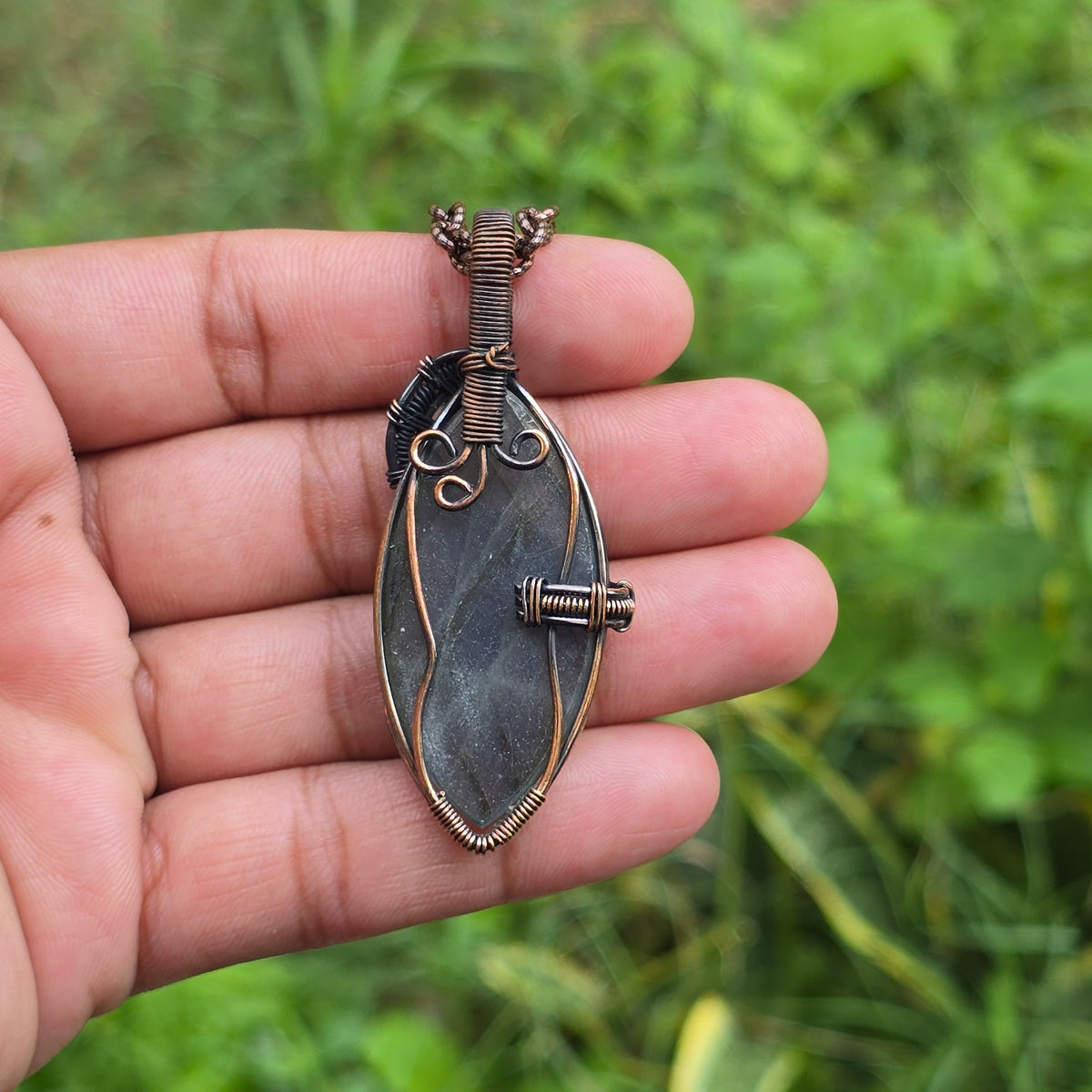 Labradorite Gemstone Handmade Copper Wire Wrap Chain Pendant 2.55" Sunkarton