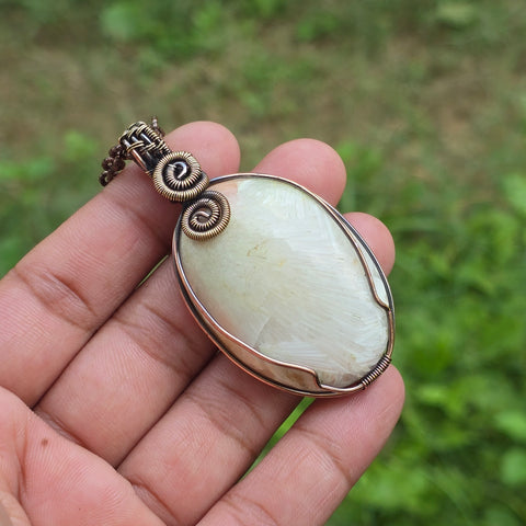 Scolecite  Gemstone Handmade Copper Wire Wrap Chain Pendant 2.55