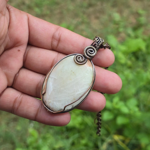 Scolecite  Gemstone Handmade Copper Wire Wrap Chain Pendant 2.55