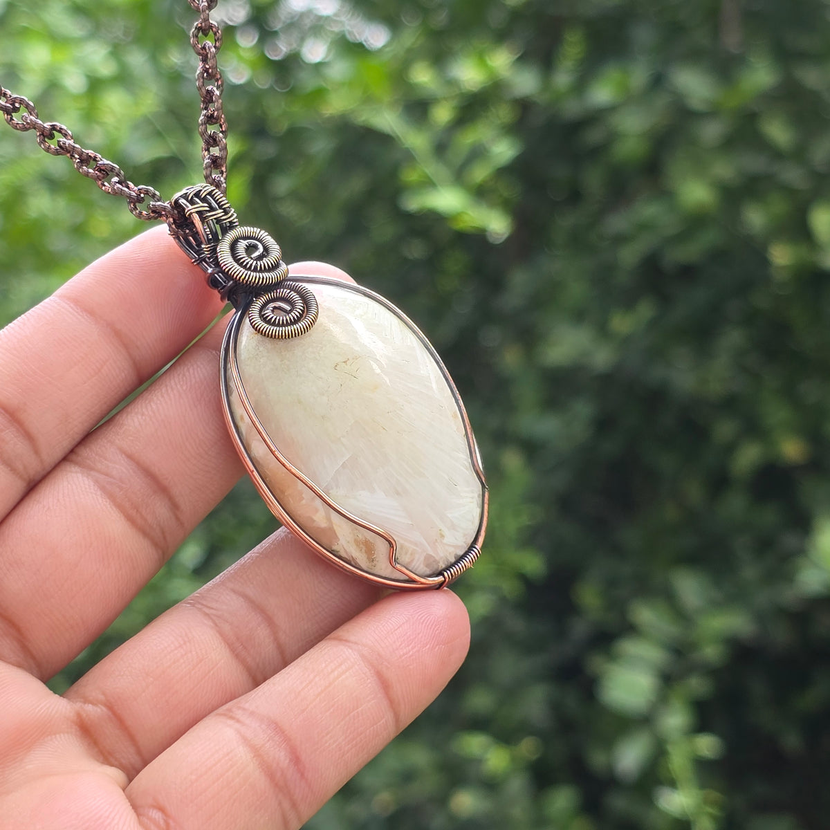 Scolecite  Gemstone Handmade Copper Wire Wrap Chain Pendant 2.55" Sunkarton