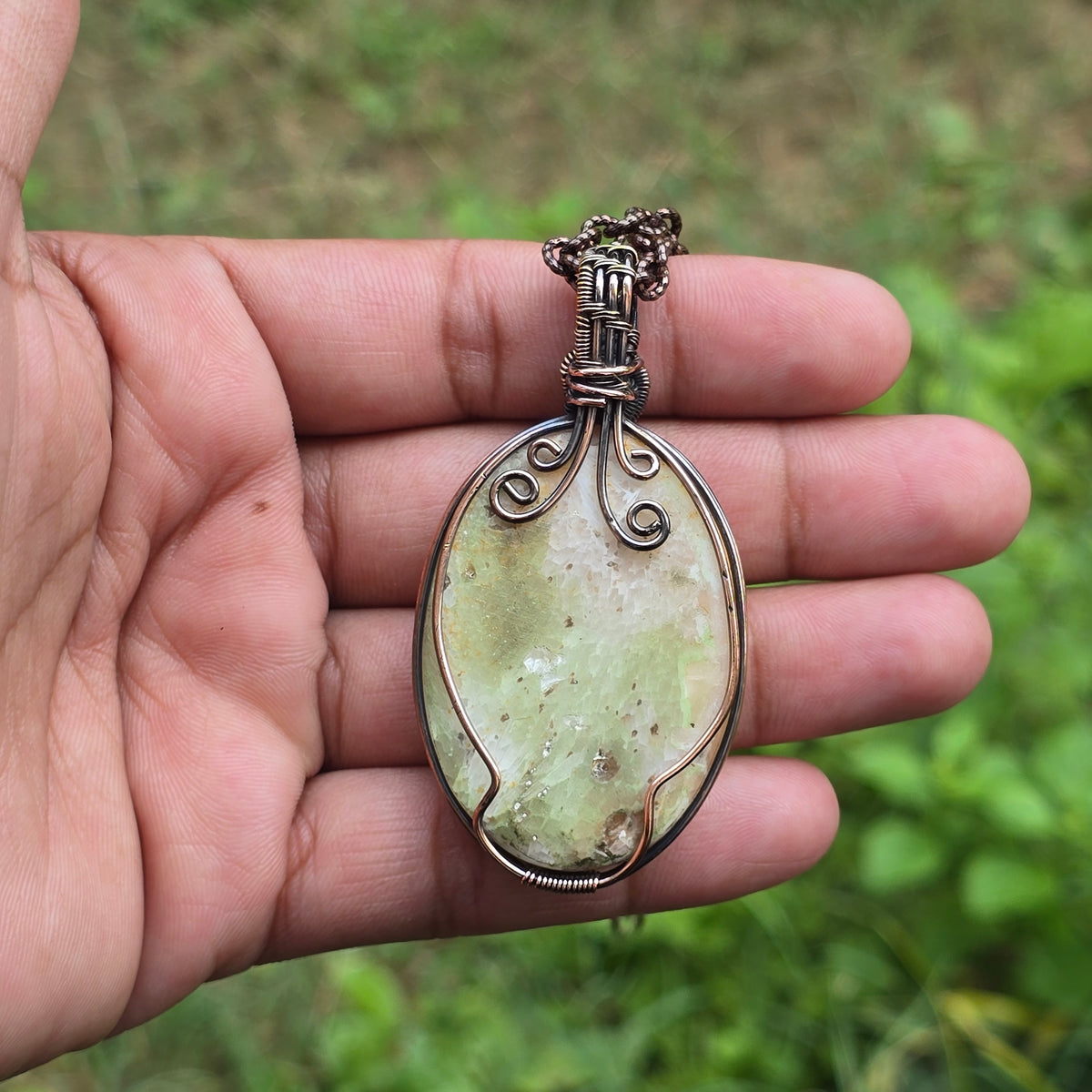 Scolecite  Gemstone Handmade Copper Wire Wrap Chain Pendant 2.55" Sunkarton