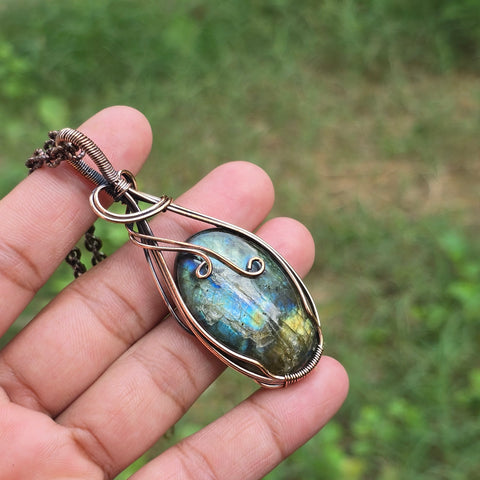 Labradorite Gemstone Handmade Copper Wire Wrap Chain Pendant 3.14